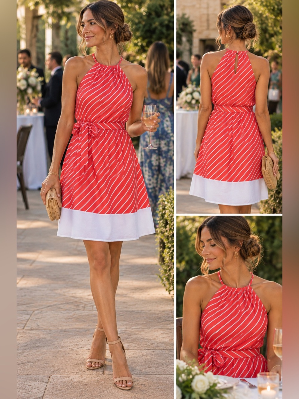 Express Orange Stripe Halter Dress XS Tie Waist Wedding Guest Tailgate Fall